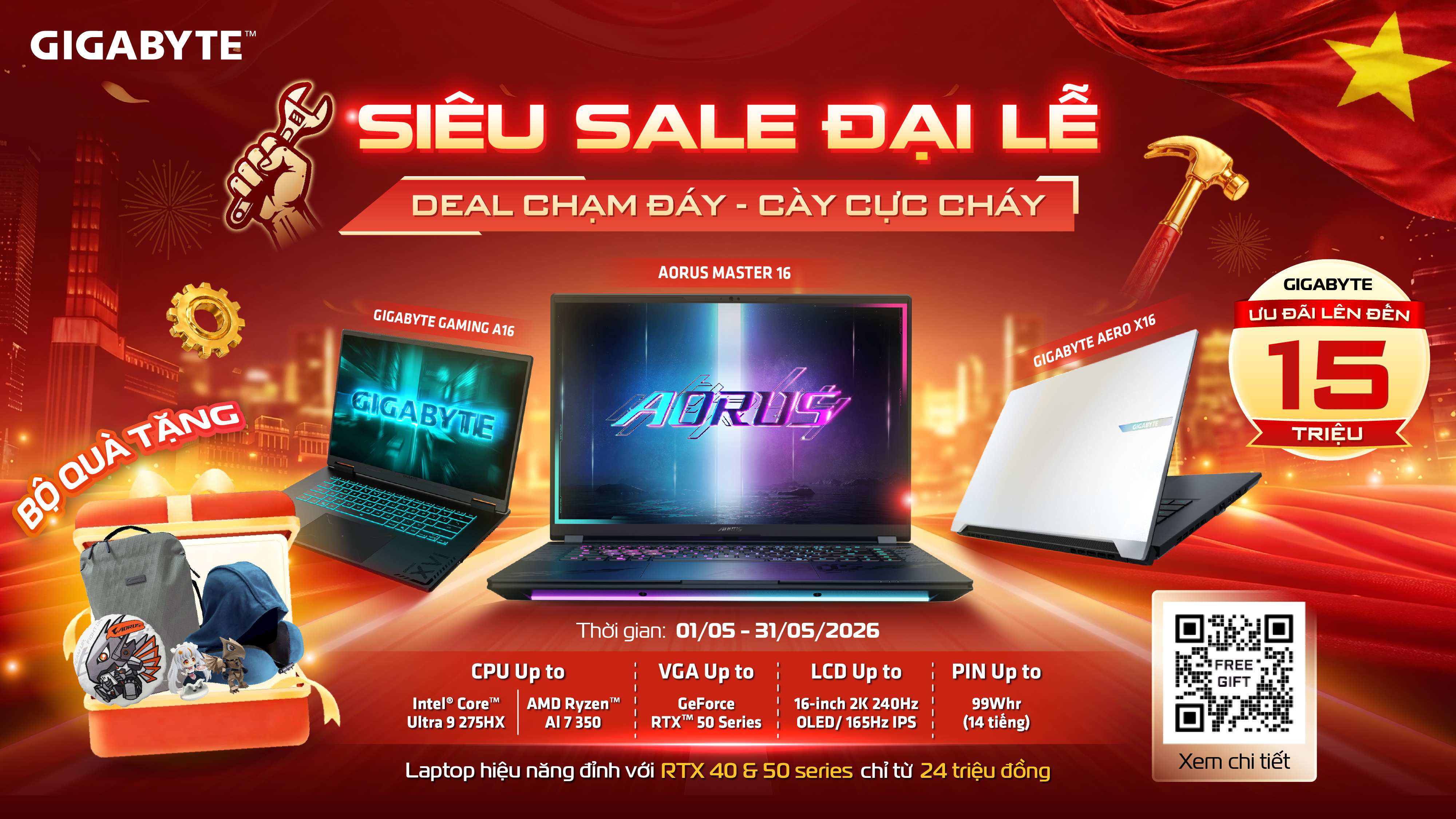 GIGABYTE CTKM Tháng 5 “Siêu Sale Đại Lễ - Deal Chạm Đáy - Cày Cực Cháy” Áp dụng cho Laptop GIGABYTE